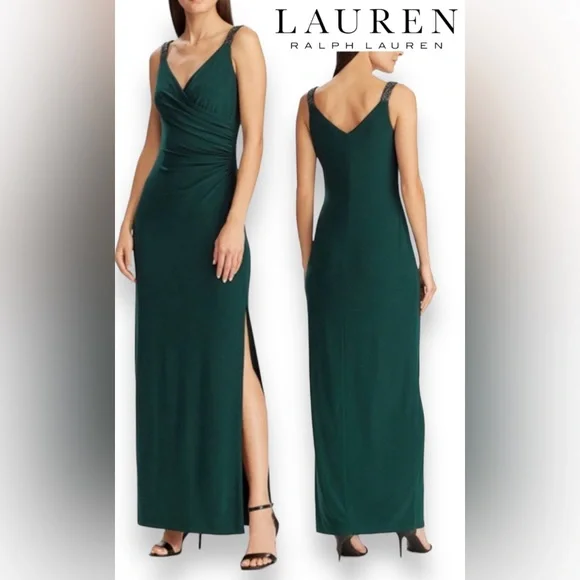 Lauren Ralph Lauren | Dresses | Size 6 Lauren Ralph Lauren Beaded Strap  Jersey Gown Green Fern Emerald Dress